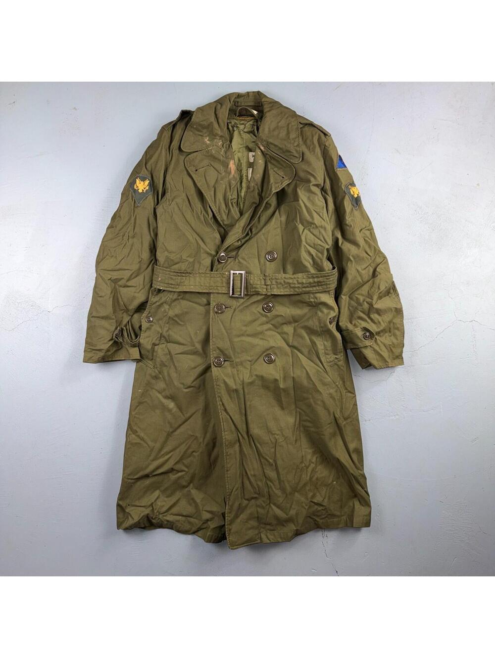 1950s Korean War US Military Wool Lined Overcoat Belted Trench Coat Small VTG